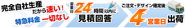 スピーディーなお届けを私たちが全力でサポートします！１営業日以内に見積回答・同時にデザイン初稿提出 ご注文・デザイン確定後4営業日で出荷